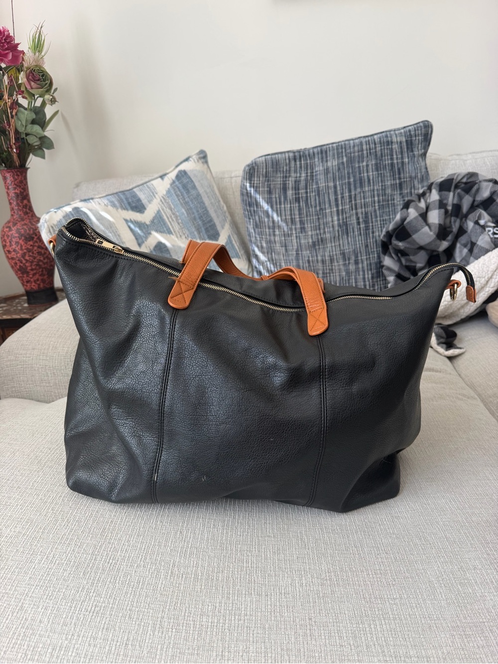 Sole Society Black Leather Tote with Brown Handles